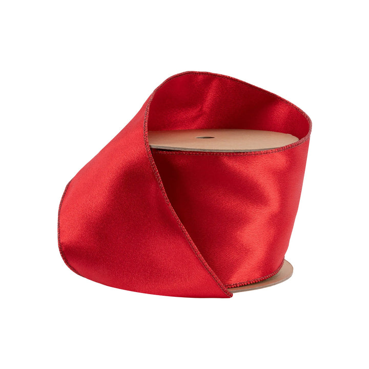 4" Wired Shimmer Satin Ribbon | Red with Red Backing | 10 Yard Roll