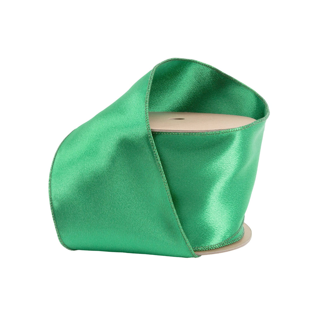 4" Wired Shimmer Satin Ribbon | Green with Green Backing | 10 Yard Roll LA Ribbons Wholesale
