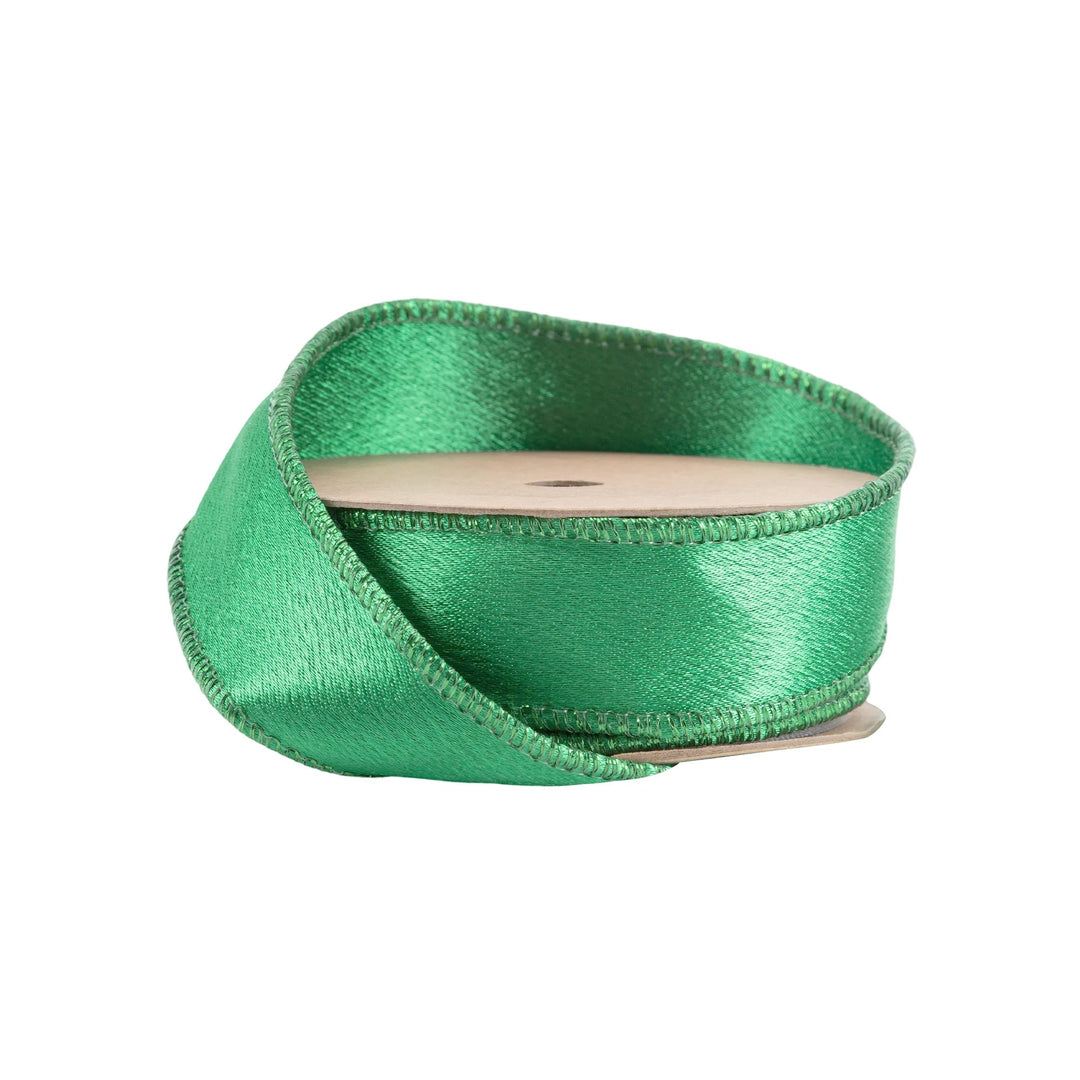 1" Wired Shimmer Satin Ribbon | Green with Green Backing | 10 Yard Roll LA Ribbons Wholesale
