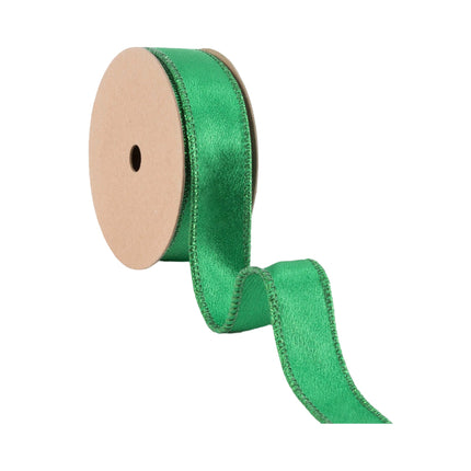 1" Wired Shimmer Satin Ribbon | Green with Green Backing | 10 Yard Roll LA Ribbons Wholesale