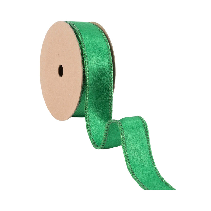 1" Wired Shimmer Satin Ribbon | Green with Green Backing | 10 Yard Roll