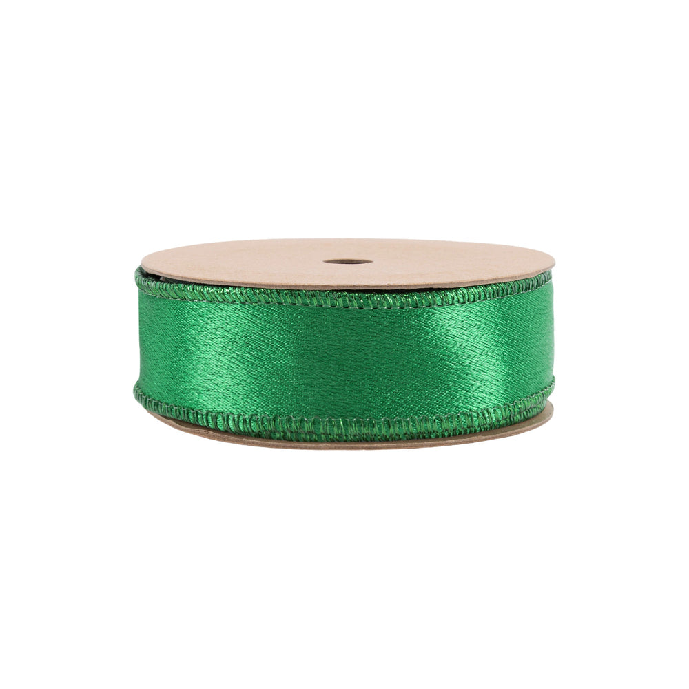 1" Wired Shimmer Satin Ribbon | Green with Green Backing | 10 Yard Roll LA Ribbons Wholesale