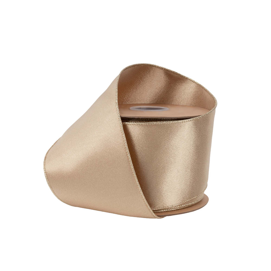 4" Wired Shimmer Satin Ribbon | Gold with Gold Backing | 10 Yard Roll LA Ribbons Wholesale