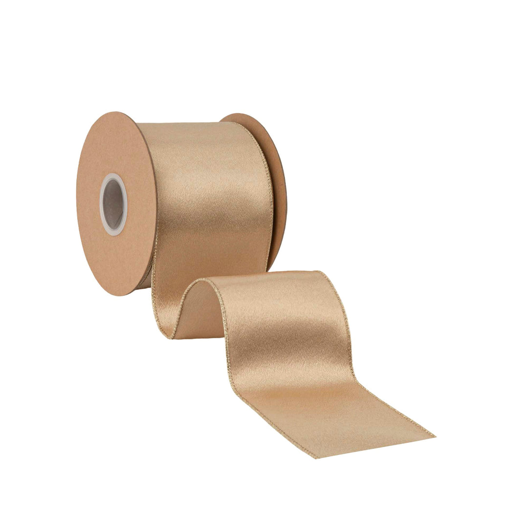 4" Wired Shimmer Satin Ribbon | Gold with Gold Backing | 10 Yard Roll LA Ribbons Wholesale