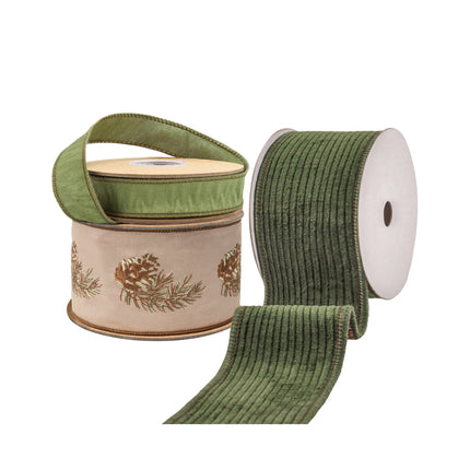 Three spools of ribbons are shown: a green textured ribbon, a beige ribbon with embroidered pine cones and pine needles, and a green corduroy ribbon.