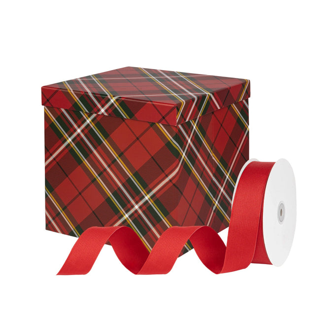 Festive red plaid gift box with a matching red grosgrain ribbon spool, perfect for holiday gifting,Christmas presents and seasonal styling.