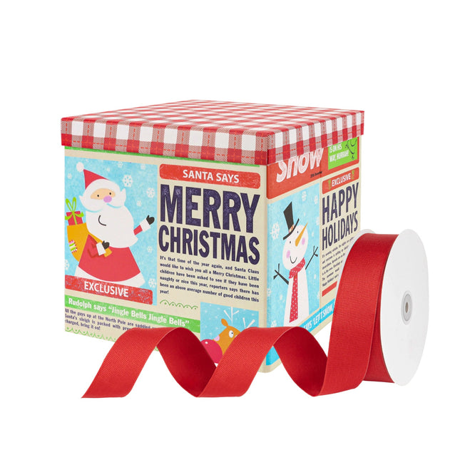Festive Christmas gift box with Santa, snowman, and reindeer designs, paired with red grosgrain ribbon, perfect for Christmas presents.