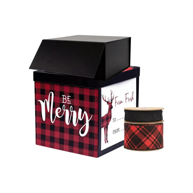 Red and black plaid gift box with "Be Merry" lettering, a black box on top, paired with red-black plaid and black ribbon spools.
