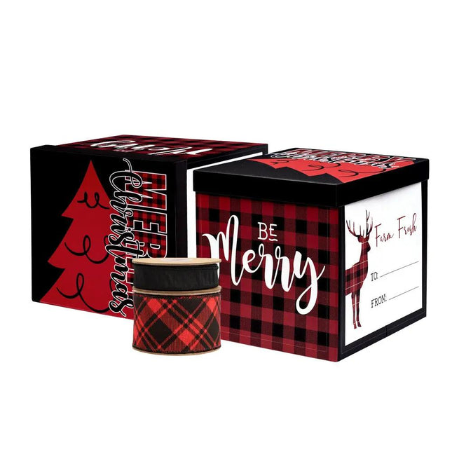 Christmas Gift Box Set with two red-black plaid boxes (one “Be Merry” w/ reindeer, one “Merry Christmas” w/ tree) and two ribbons (black, red-black plaid).