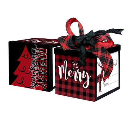 Red-black plaid gift box with “Be Merry” & reindeer, tied with red-black plaid and black wired ribbons, festive bow.