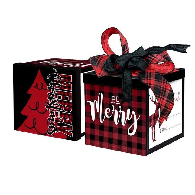 Red-black plaid gift box with “Be Merry” & reindeer, tied with red-black plaid and black wired ribbons, festive bow.