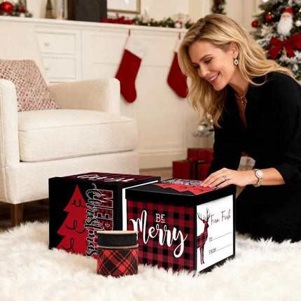 Woman with Christmas Gift Box Set (red-black plaid boxes, two ribbons) in a room with Christmas stockings and tree.