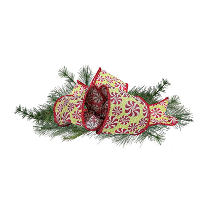 4" Wired Jacquard Ribbon | Peppermint on Apple Green w/ Tinsel Edge | 5 Yard Roll LaRibbons and Crafts