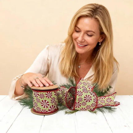 4" Wired Jacquard Ribbon | Peppermint on Apple Green w/ Tinsel Edge | 5 Yard Roll LaRibbons and Crafts