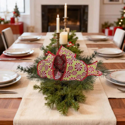 4" Wired Jacquard Ribbon | Peppermint on Apple Green w/ Tinsel Edge | 5 Yard Roll LaRibbons and Crafts