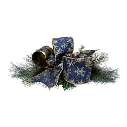Decorative piece with navy & gold snowflake wired jacquard ribbon and pine branches, perfect for festive adornment.