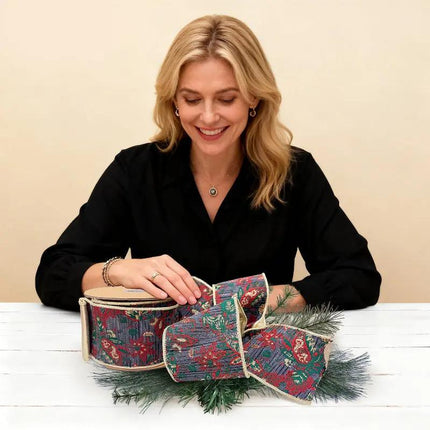 4" Wired Jacquard Ribbon | Burgundy Damask Paisley w/ Gold Dupioni-Fused Backing | 10 Yard Roll LaRibbons Wholesale