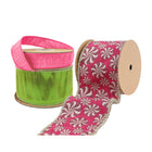 Three rolls of Christmas ribbon set: pink, green, and pink-white peppermint patterned ribbon with textured weave, perfect for festive DIY projects.