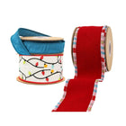 Assorted Christmas ribbons – blue, festive light-patterned, red with plaid trim – ideal for holiday decor.