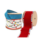 Assorted Christmas ribbons – blue, festive light-patterned, red with plaid trim – ideal for holiday decor.
