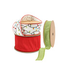 Three spools of Christmas ribbons: a white ribbon with colorful Christmas light patterns, a red ribbon, and a light green ribbon.