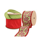 Three spools of Christmas ribbons: light green, red, and green with red-and-white peppermint patterns (red fringed edges).