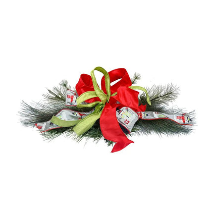 A Christmas decor piece features green pine branches with large bows of red ribbon, green ribbon, and gray ribbon with embroidered snowmen.