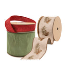 Three spools of Christmas ribbons: a beige ribbon with pine cone and branch embroidery, a solid green ribbon, and a red ribbon.