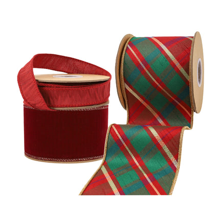 Christmas ribbons: red/green/gold plaid (gold edge), red velvet (gold edge) – luxe textures.