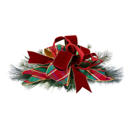 Christmas bow: red velvet & red/green/gold plaid wired ribbon + pine branches, festive charm.