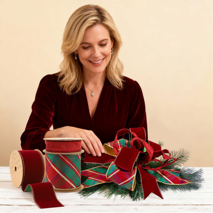 Woman crafts with Christmas Ribbon Set: red velvet & plaid ribbon, elegant holiday decor.