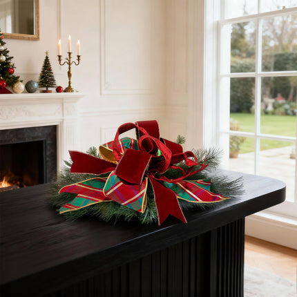 Christmas Ribbon Set bow on dining table, festive living room, red velvet & plaid, elegant ambiance.