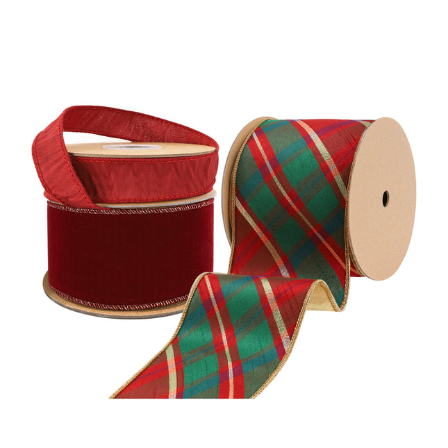 Festive Christmas ribbon set: red velvet, red , and plaid (red/green/gold) ribbons, ideal for holiday decor, gift wrapping, and crafting.