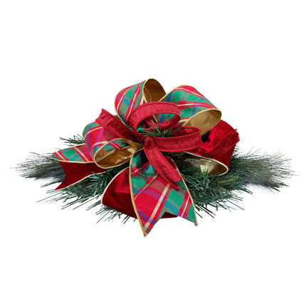 Christmas Ribbon Bow with Pine Branches, Plaid & Red Velvet, Vibrant Colors, Premium Craft.