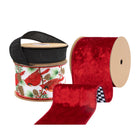 Three rolls of ribbons: black sheer, cardinal & pine cone printed, red velvet, exquisite for Christmas decor.