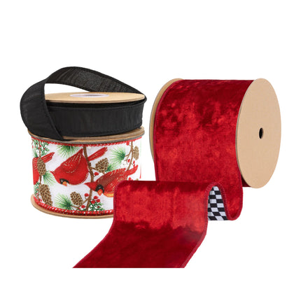 Three rolls of ribbons: black sheer, cardinal & pine cone printed, red velvet, exquisite for Christmas decor.