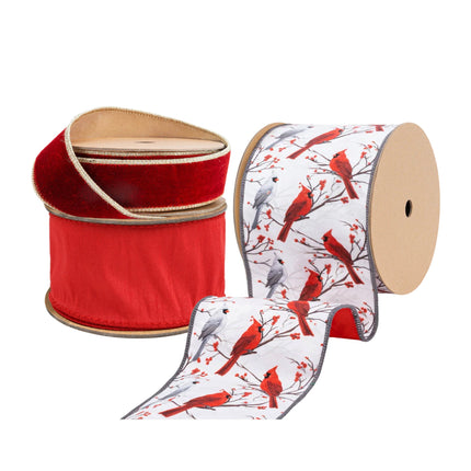 Christmas ribbons including red velvet, solid red, and cardinal bird-patterned designs, ideal for holiday decor.
