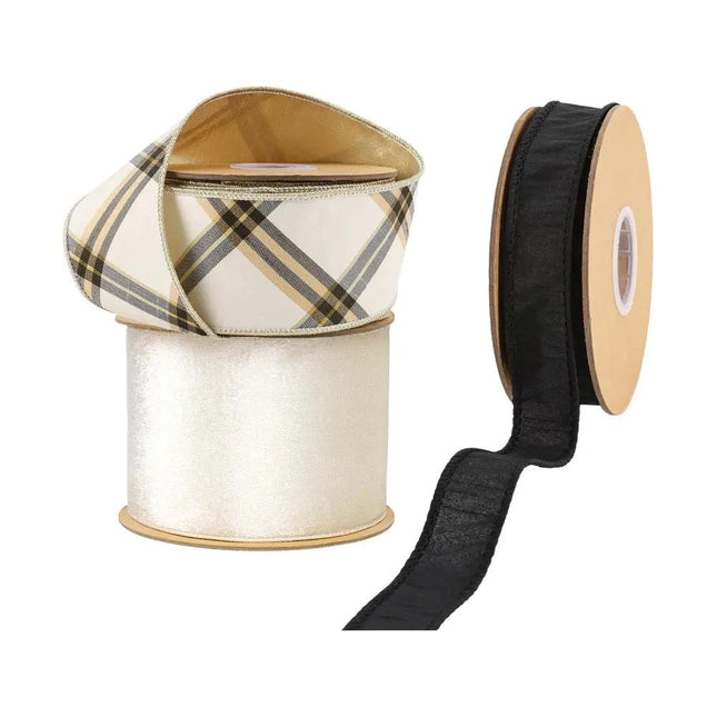 Three rolls of gift wrapping ribbons: one features a beige, brown and black plaid pattern with gold trims, one is a glossy cream satin ribbon, and the other is a black textured ribbon, all perfect for gift wrapping and decorative uses.