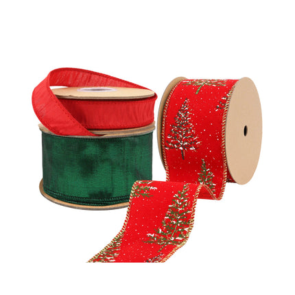 A set of festive ribbons includes a red wired edge ribbon, a shiny green ribbon, and a red ribbon with a Christmas tree pattern. 
