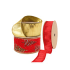 Three spools of Christmas ribbons: metallic gold (shiny textured), red with glitter pine, and red, great for festive decor.