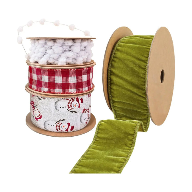 Set of 4 Christmas Ribbons – White Pom-Pom, Red-White Gingham, Snowman Print, Olive Green Velvet.