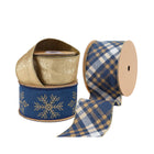 Christmas wired edge ribbon set - gold metallic, navy snowflake, and blue plaid designs, ideal for holiday crafts and decorations.