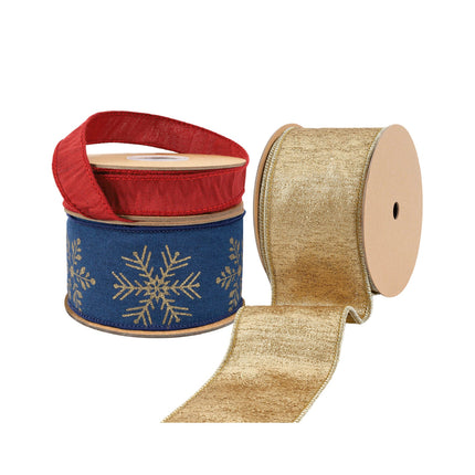 Three festive ribbons: red textured, navy with gold snowflakes, and gold metallic, perfect for Christmas crafts.