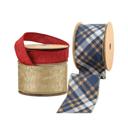 Three spools of ribbons: a red ribbon, a gold metallic ribbon, and a blue plaid ribbon with gold, white, and beige patterns.