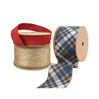Three spools of ribbons: a red ribbon, a gold metallic ribbon, and a blue plaid ribbon with gold, white, and beige patterns.
