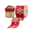 Christmas ribbon set with 3 rolls: red velvet with gold snowflakes & jewels, red embossed, and gold metallic ribbons, ideal for luxurious festive decor and crafting.