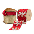 Christmas ribbon set with 3 rolls: red velvet with gold snowflakes & jewels, red embossed, and gold metallic ribbons, ideal for luxurious festive decor and crafting.