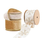 Christmas ribbon set featuring golden velvet, lace-patterned with gold trim, and snowflake-embossed gold ribbon with rhinestones, ideal for holiday crafting.