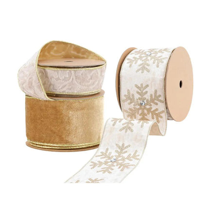 Christmas ribbon set featuring golden velvet, lace-patterned with gold trim, and snowflake-embossed gold ribbon with rhinestones, ideal for holiday crafting.