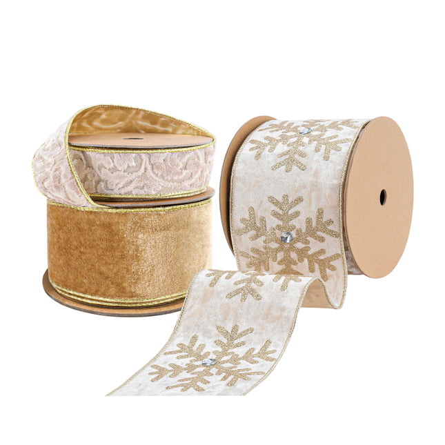 Christmas ribbon set featuring golden velvet, lace-patterned with gold trim, and snowflake-embossed gold ribbon with rhinestones, ideal for holiday crafting.